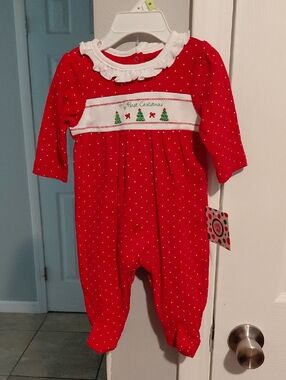Little Me Red Baby One-Piece with White Polka Dots and Smocked Holiday Panel